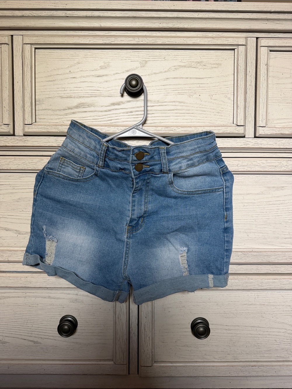 Women’s High-Rise Light Blue Distressed Denim Shorts